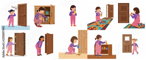 фотографія Set of vector illustrations showing a young girl fixing a squeaky door with oil