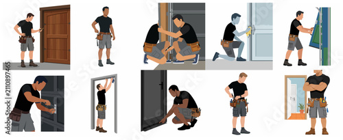 Professional Handyman Repair and Maintenance Services for Doors and Garage Doors Vector Illustration Set