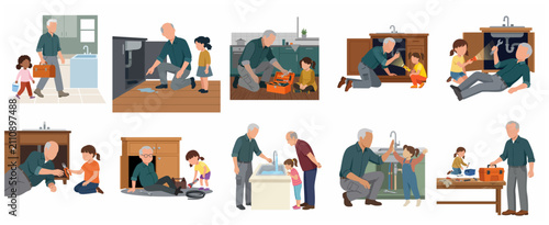 Cuadro en lienzo Grandfather teaching granddaughter how to fix plumbing, collection of kitchen si