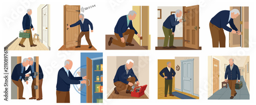 Konstfotografi Senior man performing DIY home maintenance steps to fix a squeaky door, flat vector illustration