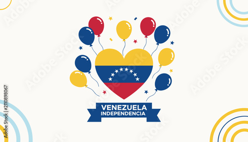 Patriotic heart designed with venezuelan flag colors surrounded by festive balloons to celebrate venezuela independence day.