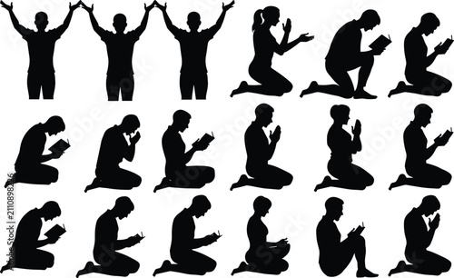 Quadro su tela Spiritual practices collection men and women praying reading books in prayerful stances