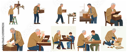 Elderly man discovering old boxes of letters and sharing nostalgic memories with grandson illustration set