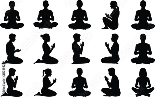 Quadro su tela Yoga and meditation silhouettes set displaying seated poses and prayerful body postures