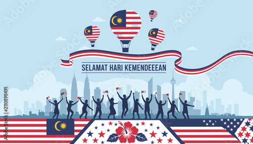 Celebration poster for malaysia independence day with citizens cheering under a patriotic hot air balloon skyline.