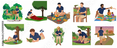 Schilderij op canvas Set of picnic and outdoor leisure activity illustrations featuring a man and fam