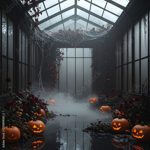 Spooky Haunted Greenhouse Decor with Glowing Jack-o'-Lantern Pumpkins, Cobwebs, and Dark Red Roses