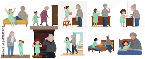 Fotografie Grandmother and granddaughter daily routine set of morning and bedtime activitie