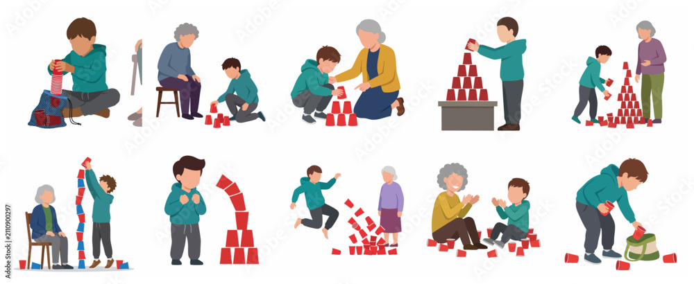 Fototapeta premium Intergenerational family activities set featuring a boy and his grandmother playing with red plastic cups in flat vector illustration style.
