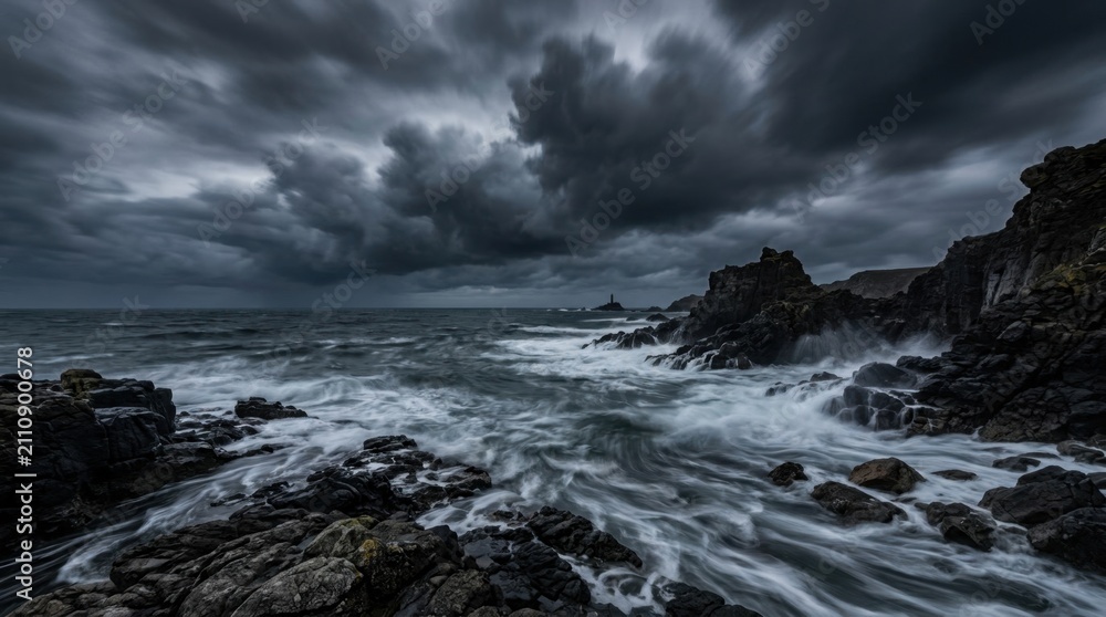 Fototapeta premium Dramatic stormy ocean waves crashing on rocky coastline, dark clouds overhead, lighthouse in distance, moody seascape