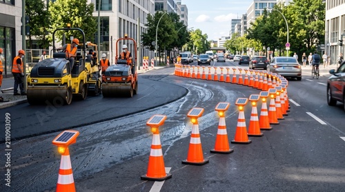 Construction workers manage road repairs with safety cones in a busy urban environment, enhancing city infrastructure.