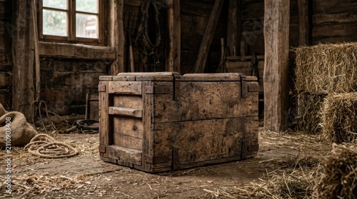 Old weathered wooden crate in a rustic barn setting, hay bales and ropes, rural storage and transport concept