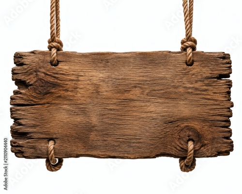 Rustic wooden sign hanging on ropes. Blank timber board for custom text and signage.