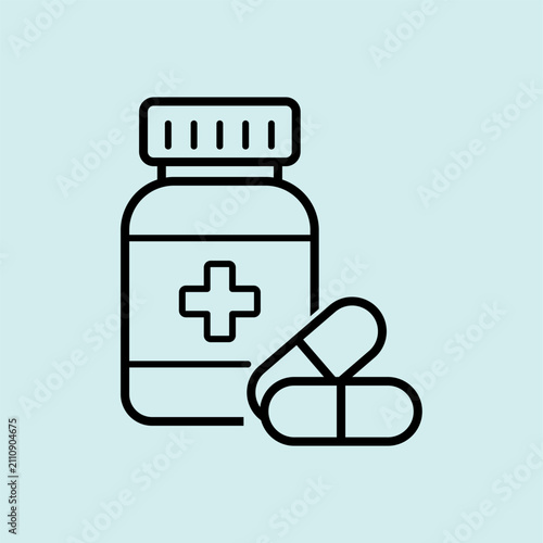 Medicine bottle with capsules and pills icon. Represents online pharmacy, medication, drug store, and pharmaceutical services.