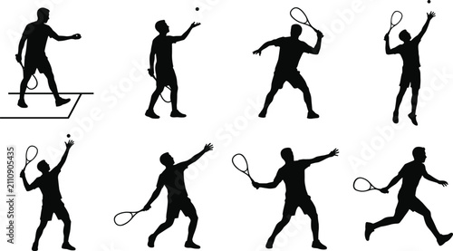 Bild auf Leinwand Professional Squash Player Silhouette Collection with Serve Toss Racket Swing an