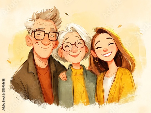 Three generations of smiling individuals including elderly, middle-aged, and young people together