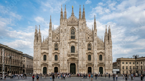 Milan Cathedral Facade, Piazza del Duomo, Landmark Architecture, Sunny Day