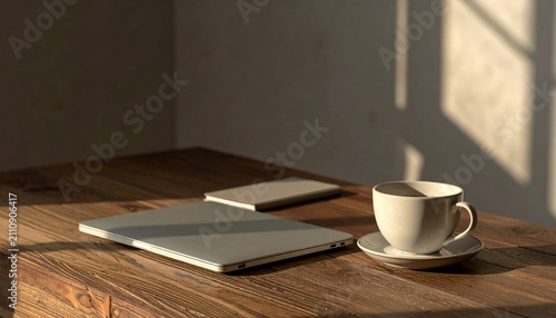 Golden morning light graces a cozy wooden desk, illuminating a closed laptop, a modern smartphone, and a warm cup of coffee, setting a peaceful scene for work or relaxation