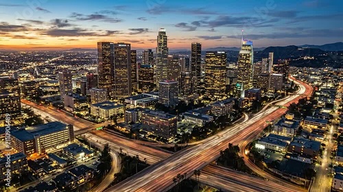 A vibrant city skyline at sunset with busy highway traffic lights