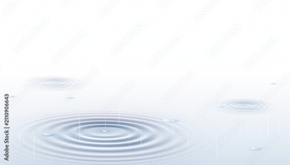 Fototapeta premium Clear water ripples and drops on white background 白い静かな水面に広がる淡く透明感あふれる美しい波紋の背景イラスト