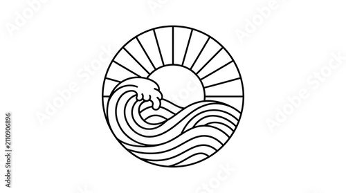 Minimalist sun and ocean wave circular line art logo.