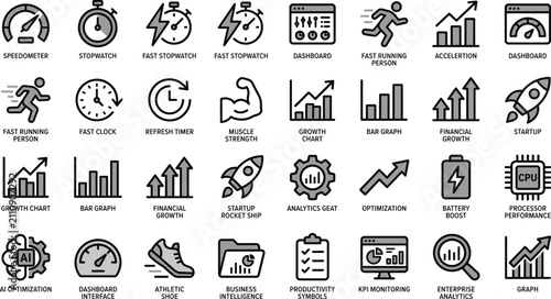 Performance and optimization line icon set featuring business growth analytics and technology symbols on white background