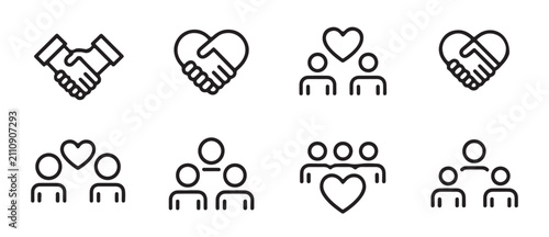 Foto Social partnership and community unity icons for non profit organizations with heart symbols and team silhouettes