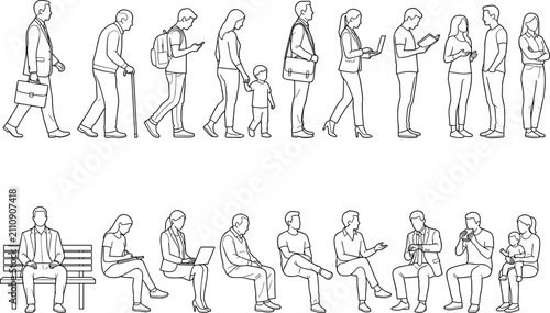 People Line Art Character Set with Everyday Lifestyle Activities and Professional Human Poses