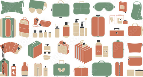 Collection of travel and personal care items featuring various bags cases and bottles in a colorful modern style ideal for travel organization and lifestyle needs for daily use