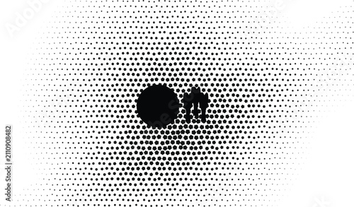 Fotografía Planet and spaceship silhouette in black halftone dots on a white background, sp