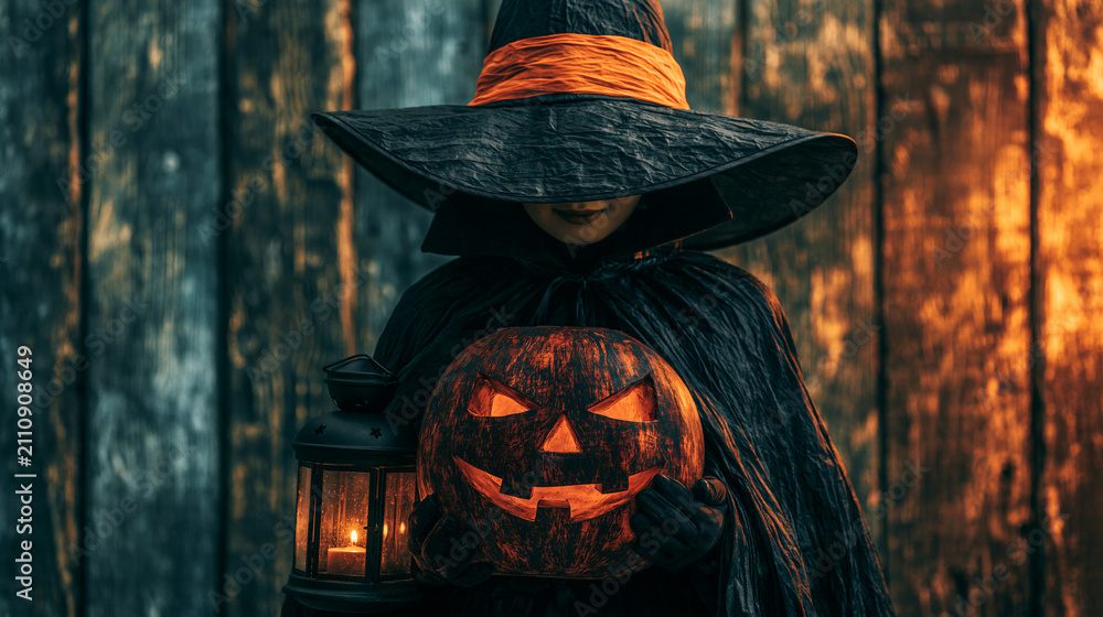 Obraz premium Charming witch holding a glowing lantern and carved pumpkin at dusk on Halloween Generative AI