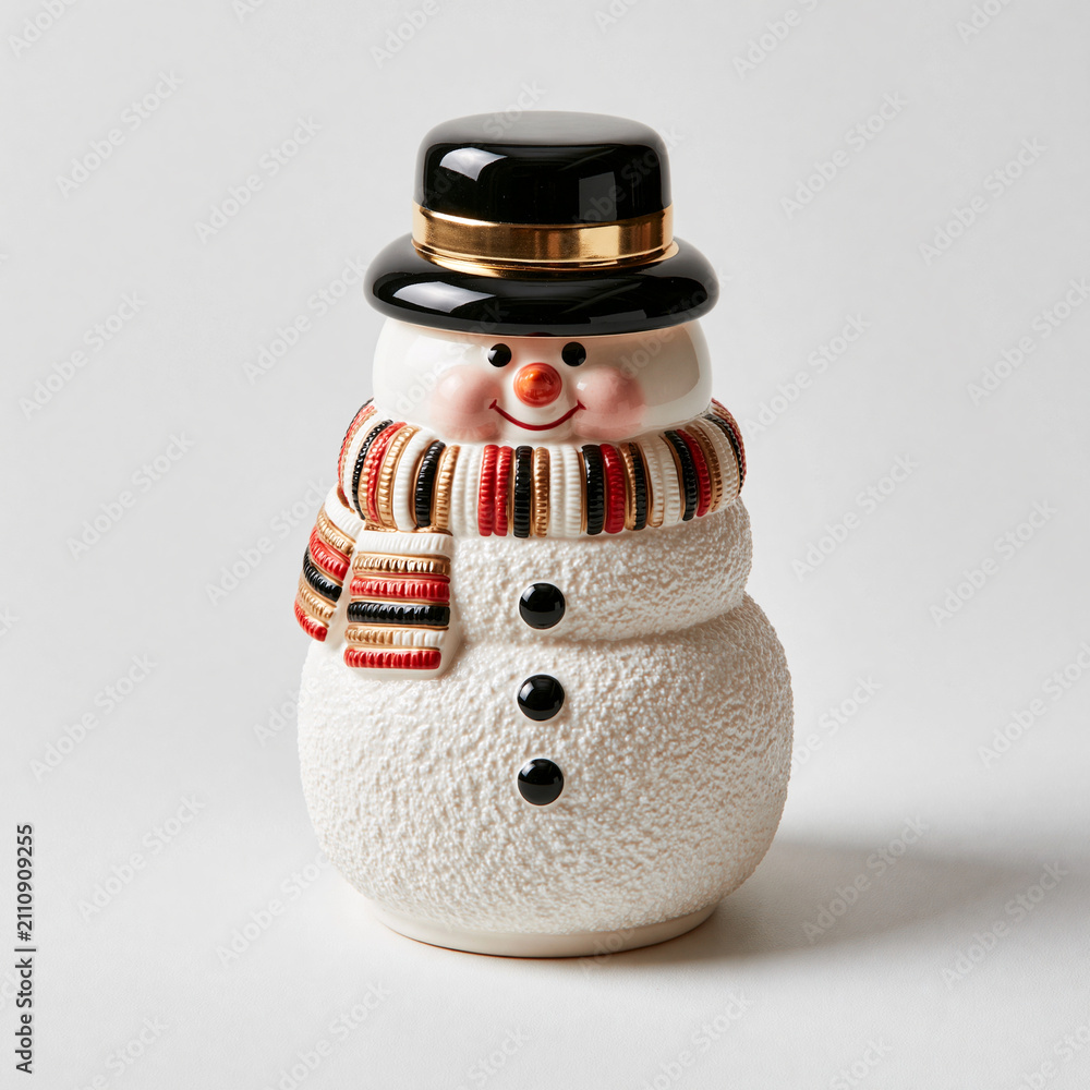 Fototapeta premium Ceramic snowman cookie jar figurine with a stylish black top and cheerful scarf Generative AI