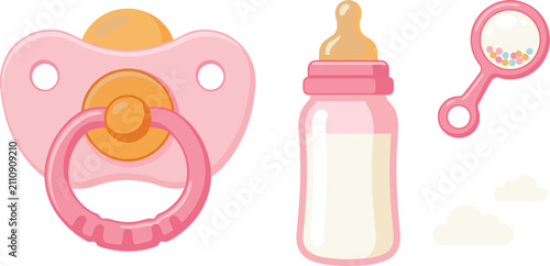 Newborn infant baby care product vector illustration set with pink silicone pacifier dummy plastic milk feeding bottle and colorful rattle toy isolated on white background