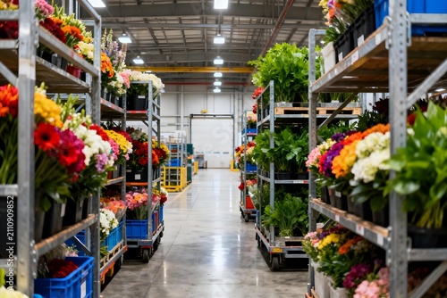 Organized flower transport carts being prepared for international shipment inside a spacious cargo terminal.