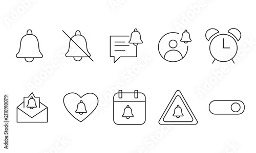 Minimalist Outline Bell and Alarm Notification Icon Pack for Mobile App UI,Notification Bell Line Icon Set Minimalist Outline Vector