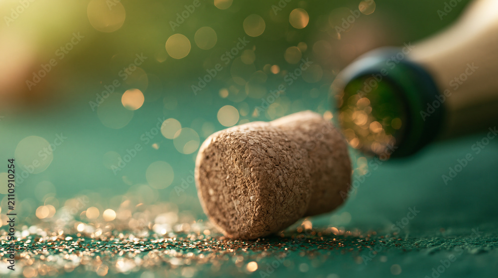 Fototapeta premium Cork of sparkling wine bursts open in celebration on a sunny afternoon Generative AI