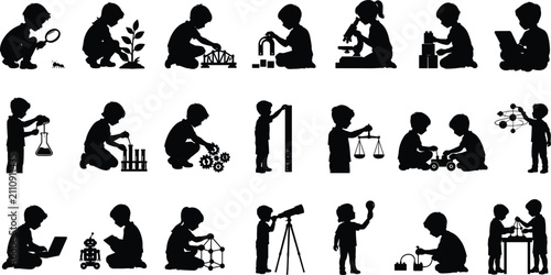 Foto Set of Children Silhouettes Engaged in STEM Education Science Lab Experiments Ro