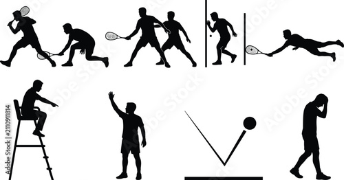 Fotografie Squash Match Silhouette Collection with Players Referee Umpire Ball Bounce Court