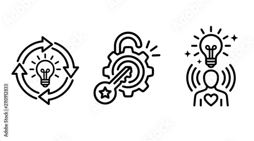 Business innovation and problem solving concept icons with innovation business solution creative strategy management inspiration lightbulb improvement thinking optimization development