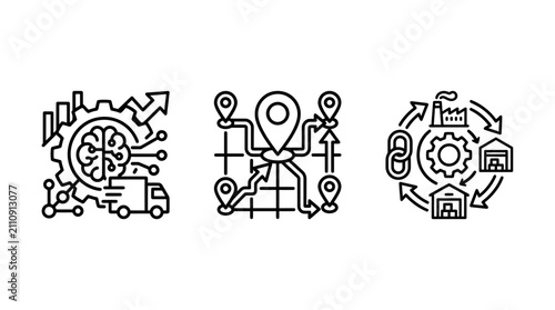 Supply chain logistics and strategic planning icons with logistics planning transport delivery warehousing management artificial intelligence strategy industry warehouse optimization