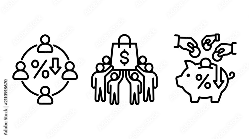 Fototapeta premium Personal finance and consumer saving icons set featuring money management and budgeting concepts investment consumer shopping discount reduction business management currency financial