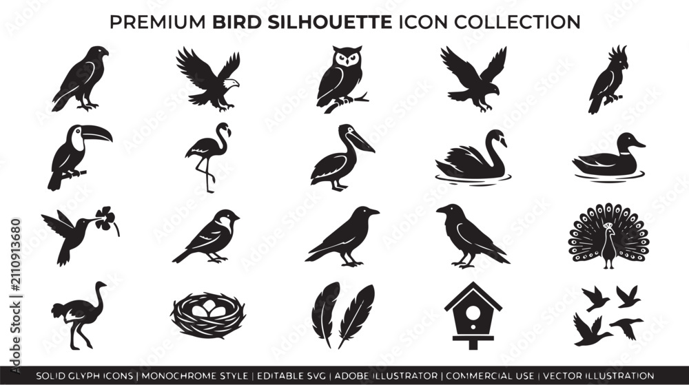 Naklejka premium Premium bird silhouette icon collection, 20 black solid glyph icons, monochrome avian wildlife vector set for logo design and branding isolated on White Background