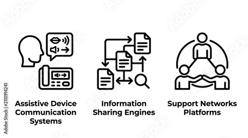 Assistive communication and support network system outline icons with assistive communication accessibility information platform inclusion technology disability connectivity collaboration