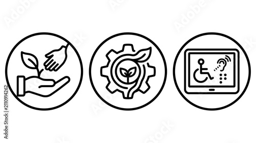 Sustainable environmental protection and accessibility technology icons with sustainability environment protection accessibility technology disability wheelchair conservation development