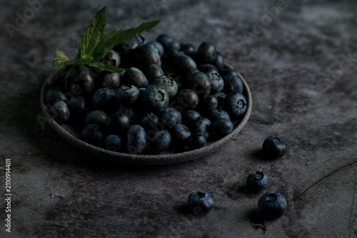 Fresh Blueberries with Mint Sprig on Rustic Stone Background