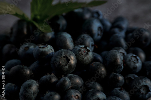 Macro Close-Up of Ripe Blueberries with Mint Leaf