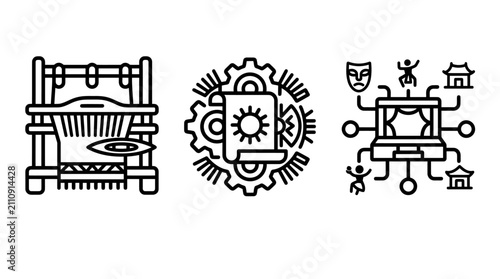 Set of three linear icons representing traditional and modern cultural production with production technology industry creativity manufacturing performance development heritage innovation