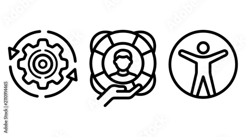 Set of three outline icons representing industrial optimization human support universal accessibility with optimization industry accessibility lifecycle inclusive engineering management