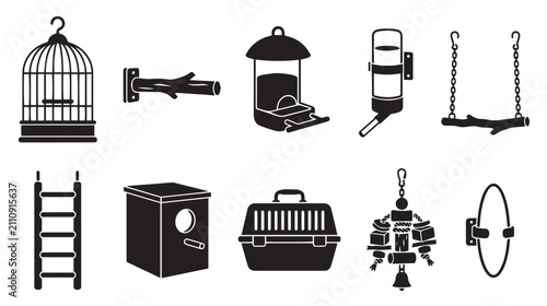 Cuadro en lienzo Pet bird cage accessories icon set, 10 black silhouette bird care elements, dome