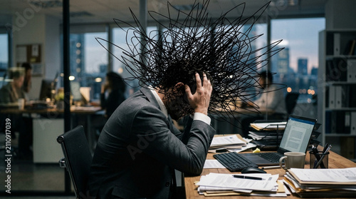 Overwhelmed Businessman with Tangled Thoughts in Busy Office